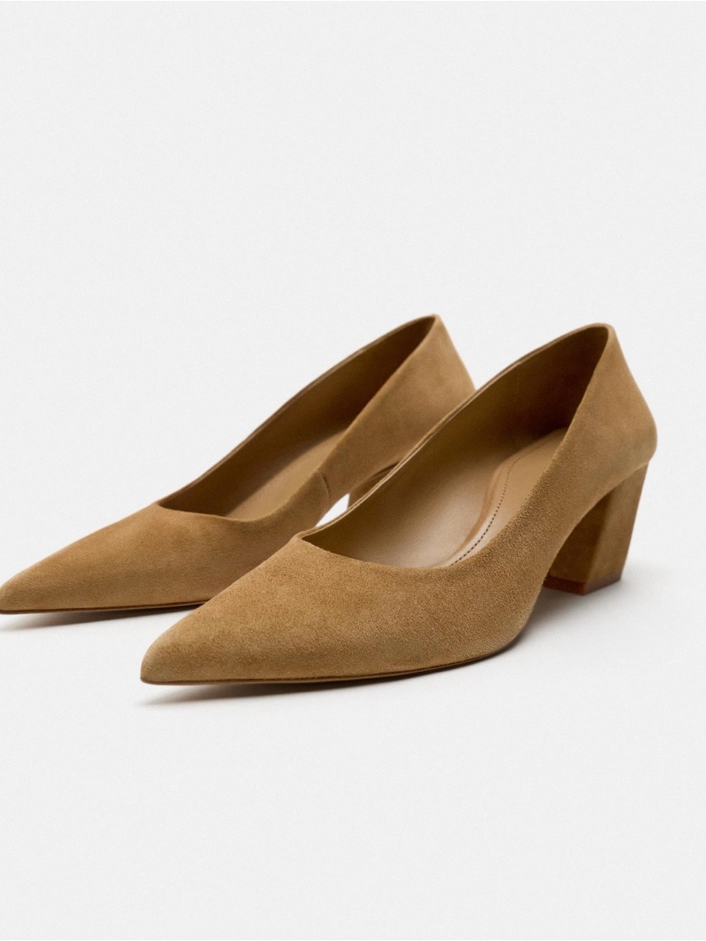 Zara Pointed Block Heel Pumps in Camel Suede